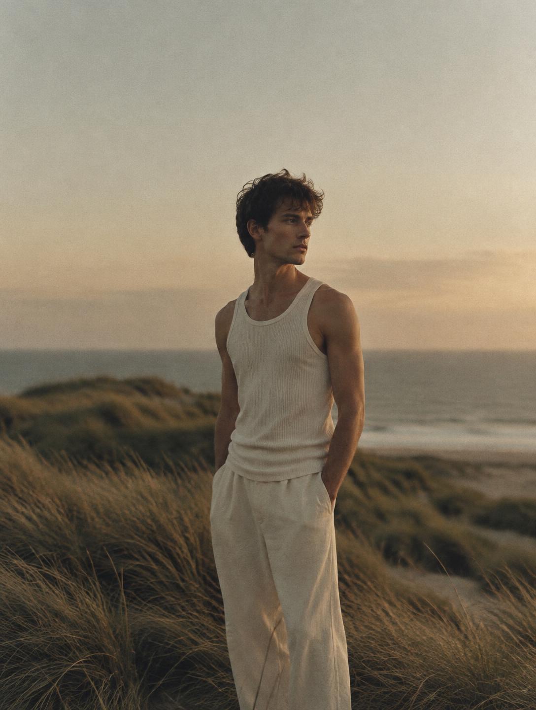 Man in a LESS. tank on coastal dunes